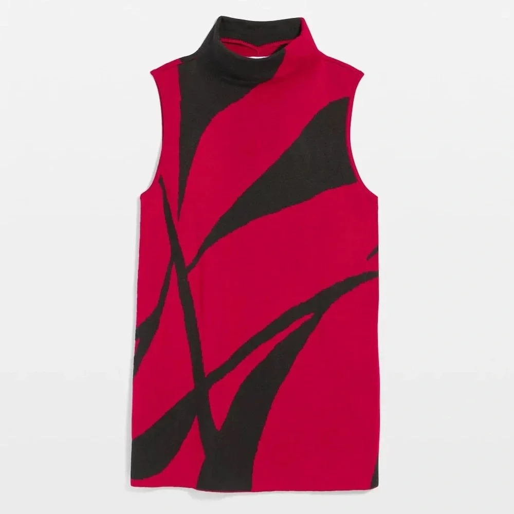 Chico's Travelers Jacquard Mockneck Tank‎ Red and Black Sleeveless Sweater